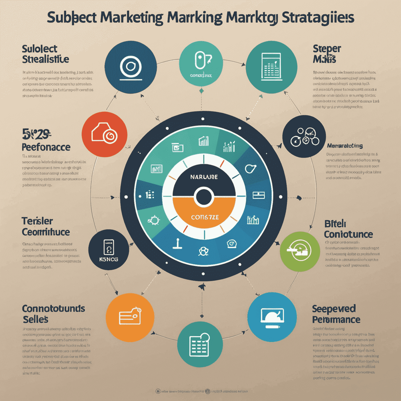 An infographic showing 5 key marketing strategies: 1) Set clear goals and KPIs, 2) Know your target audience, 3) Optimize your marketing mix, 4) Measure and analyze performance, 5) Continuously test and refine