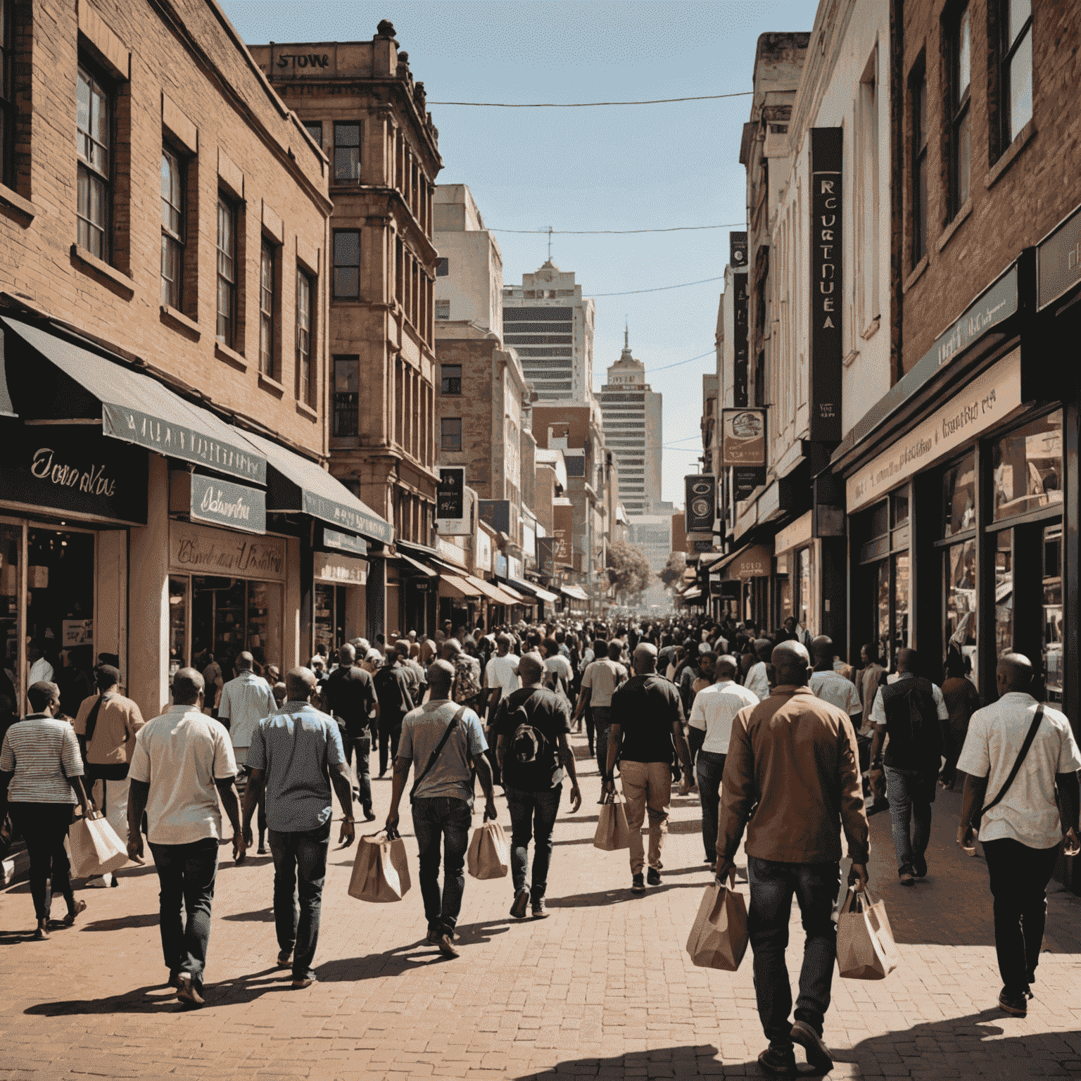 Busy street in a South African city with people walking and shopping at local businesses