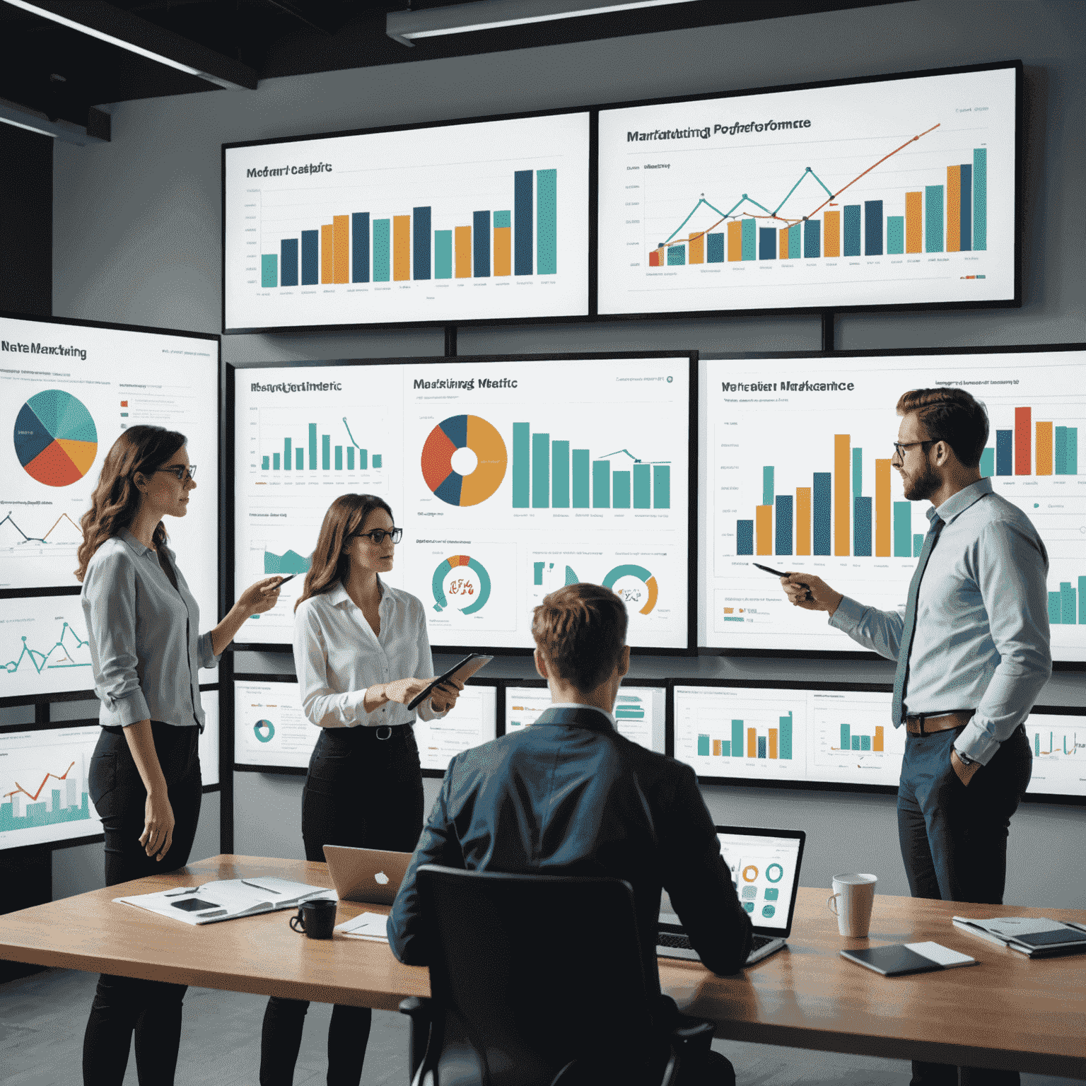 A team of marketers analyzing data on a large screen, with charts and graphs showing marketing performance metrics