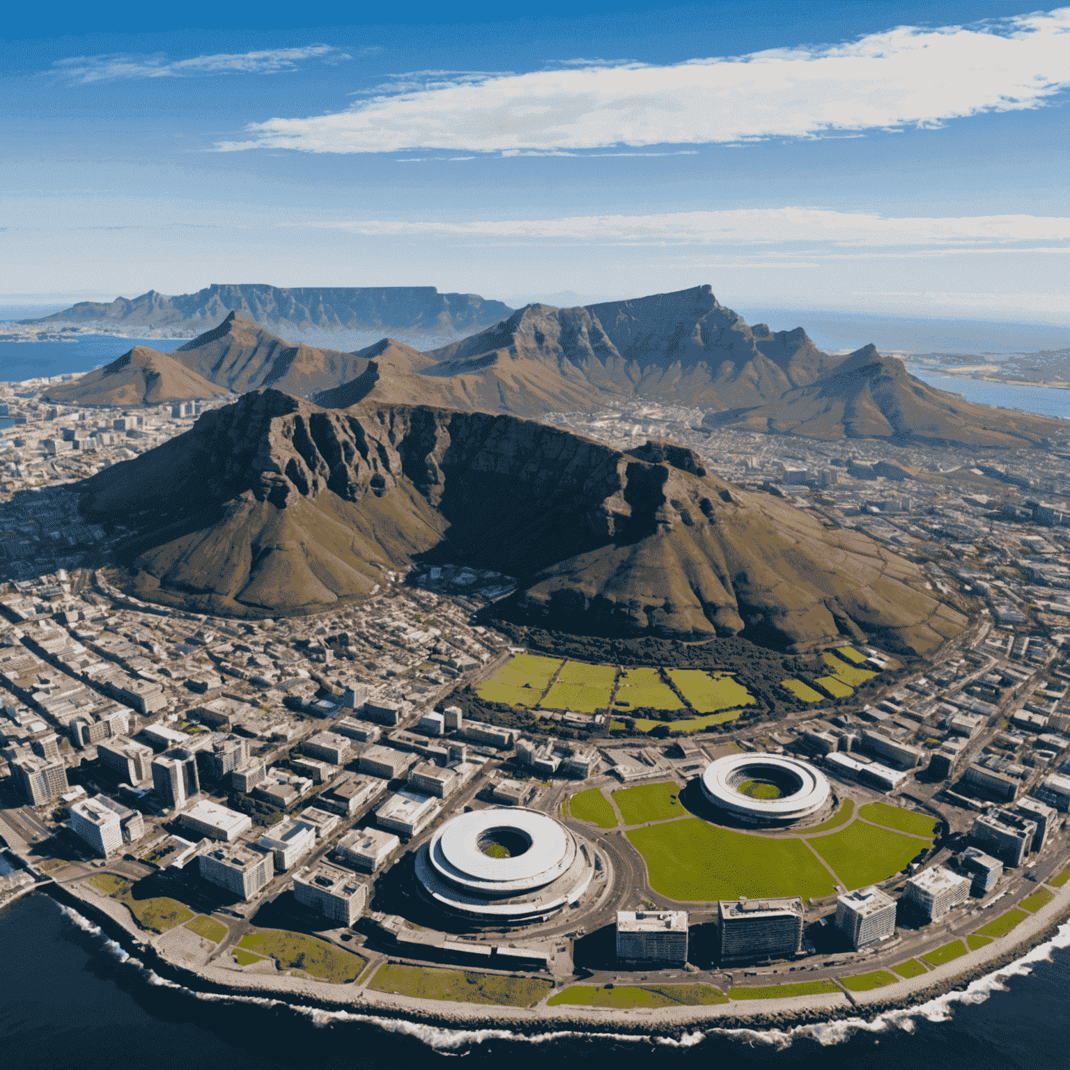 Aerial view of Cape Town, South Africa with Table Mountain in the background