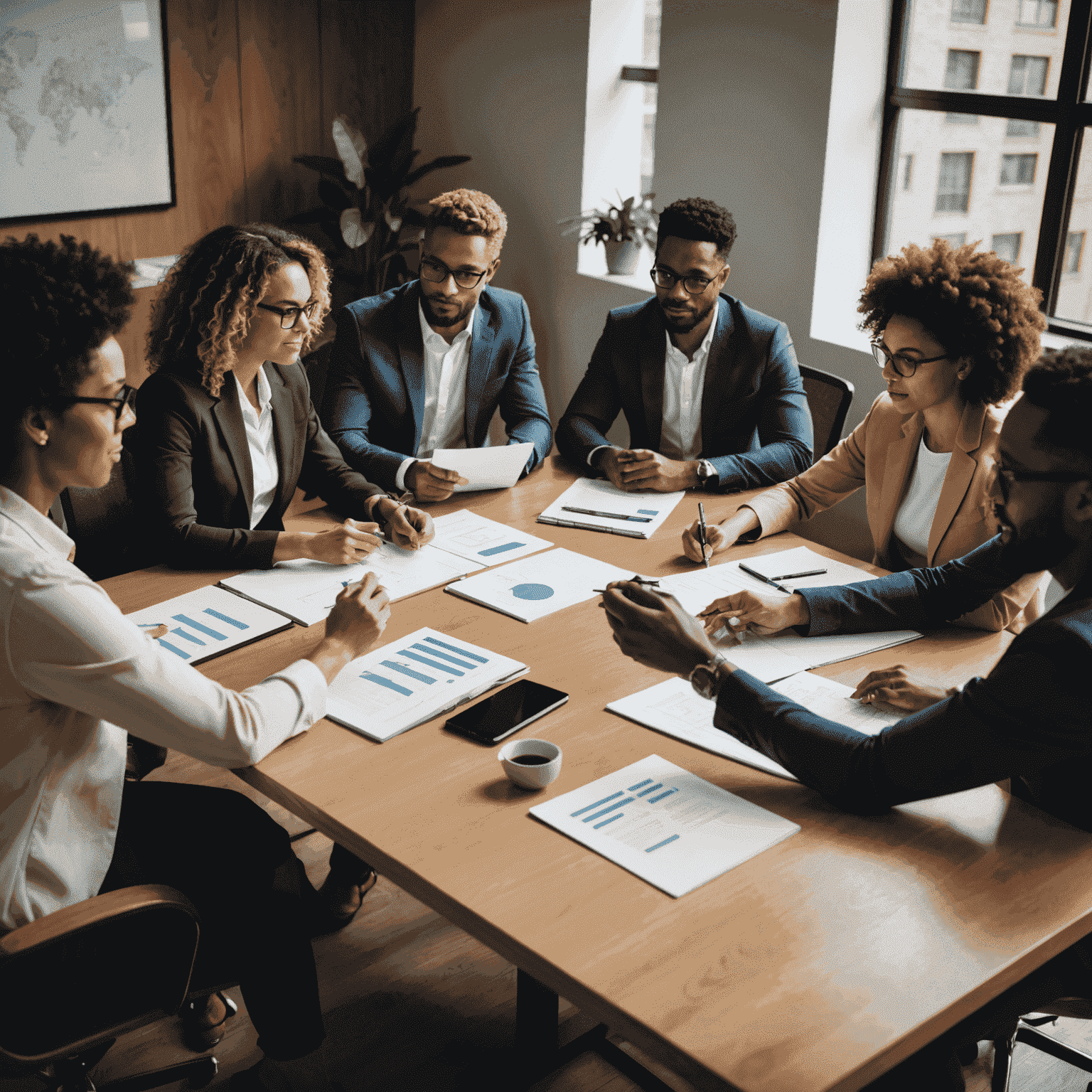 Diverse team of marketing professionals collaborating on a project at a conference table