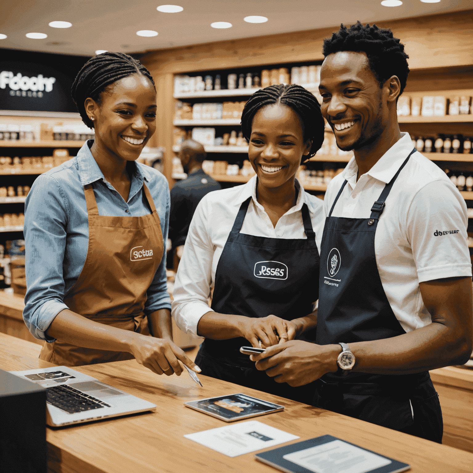 Smiling staff members assisting customers inside the client's retail store in South Africa