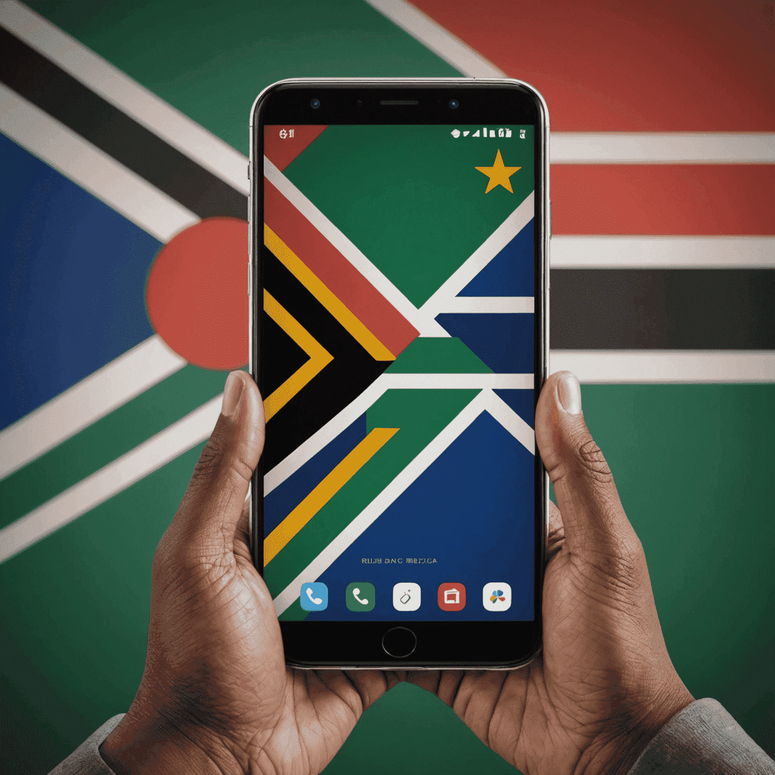 Person using smartphone with South African flag in background